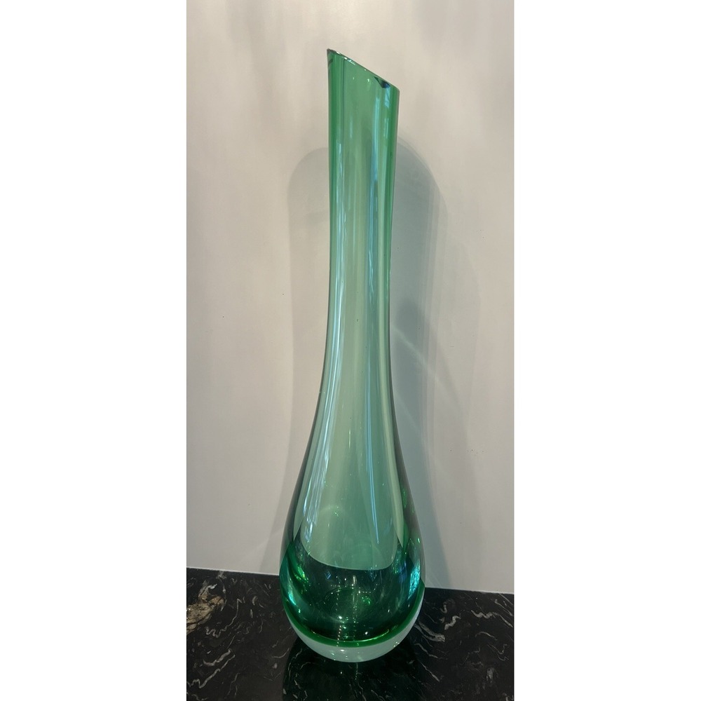 Vintage MCM Emerald Green Blown Glass Crystal Vase Heavy 17.25"